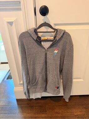 Aviator Nation Gray Zip Hoodie with Multicolor Lightning Accent